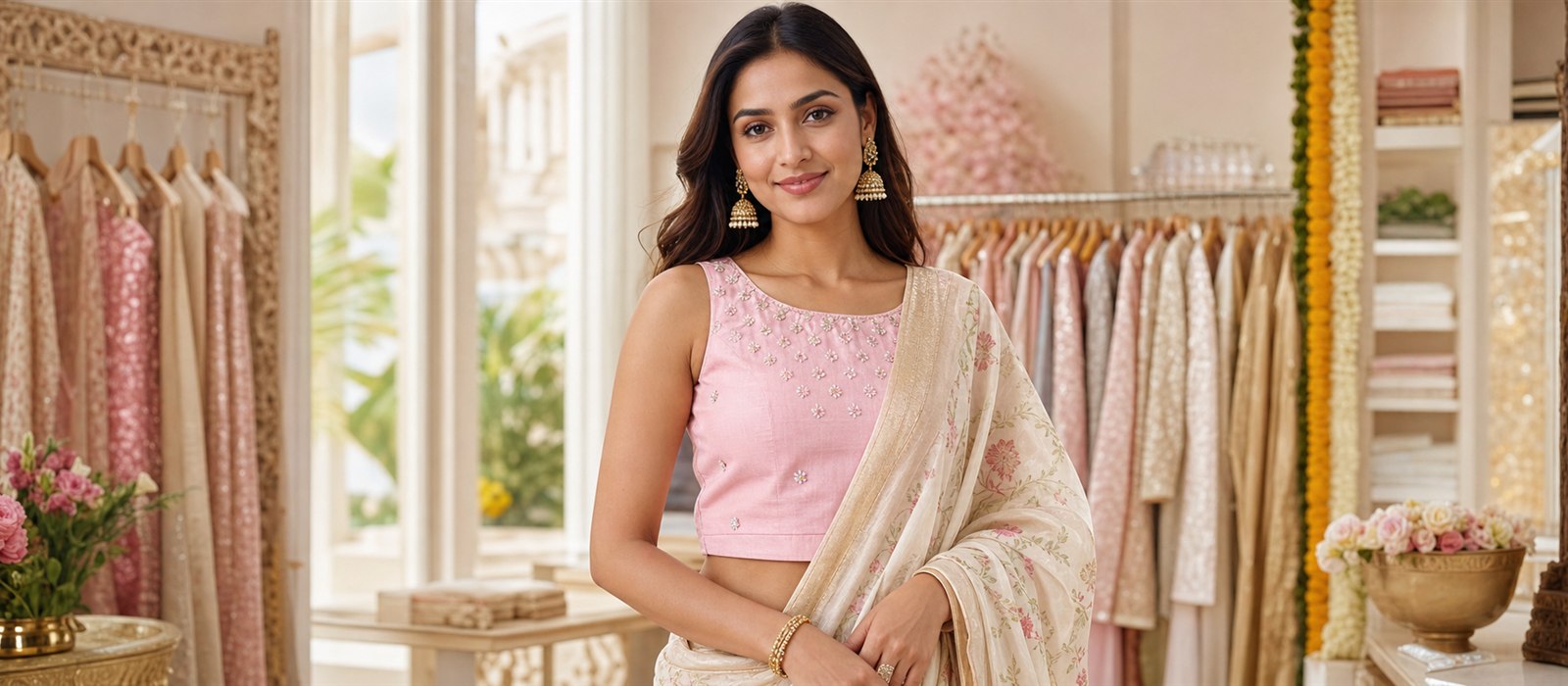 Baby pink sleeveless blouse styled with light festive saree