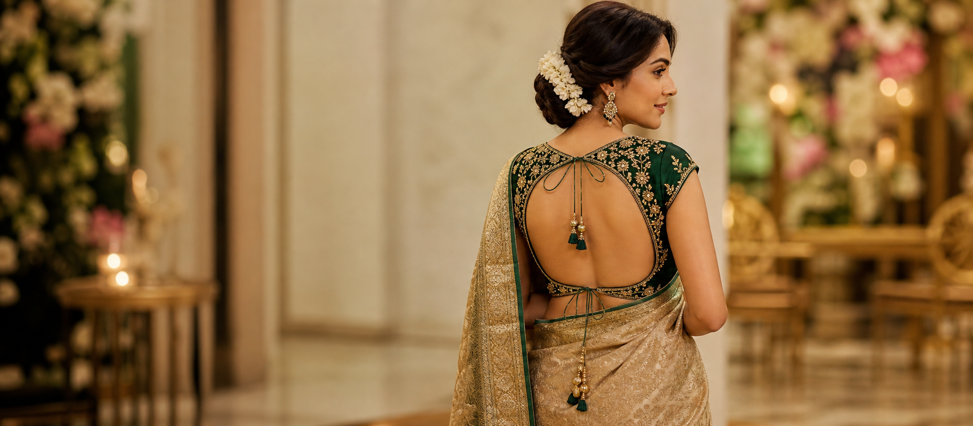 Backless blouse design with embroidered saree styling for wedding and party look