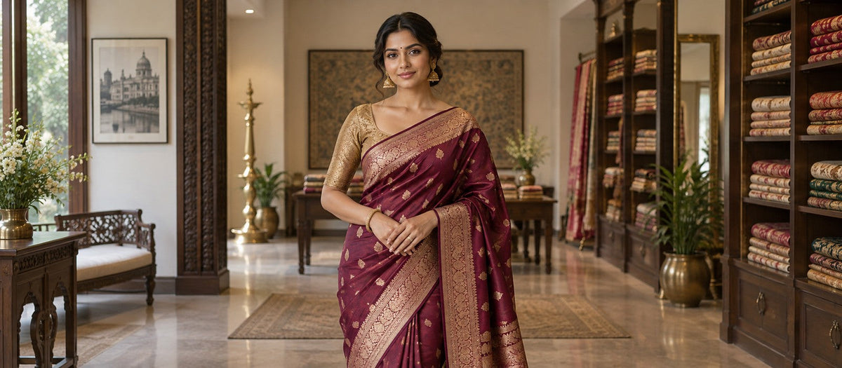 Woman in wine Banarasi saree with gold blouse, centered in boutique