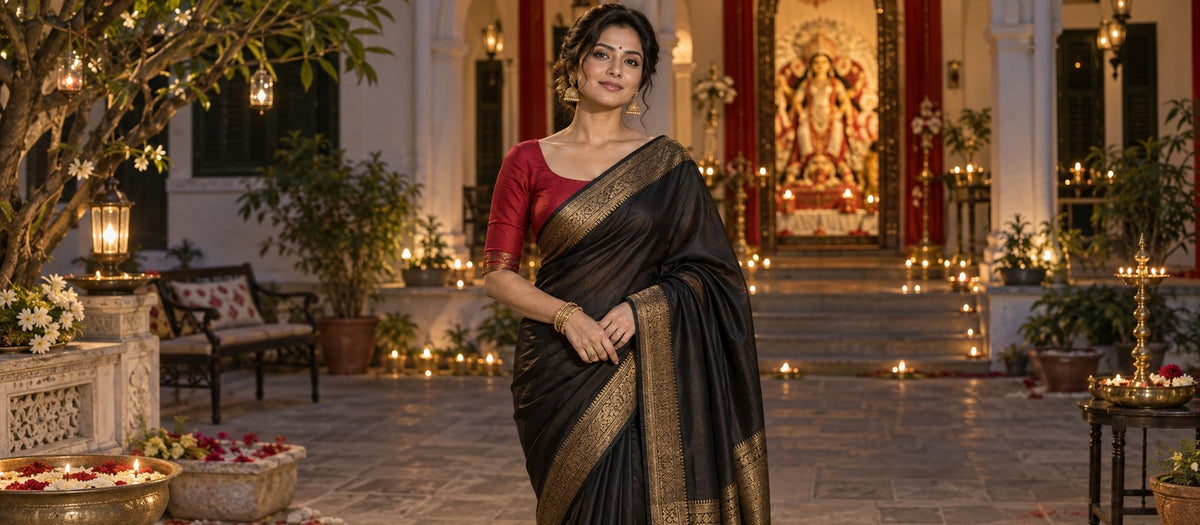 Woman wearing a black silk saree with a red blouse for a Pujo evening