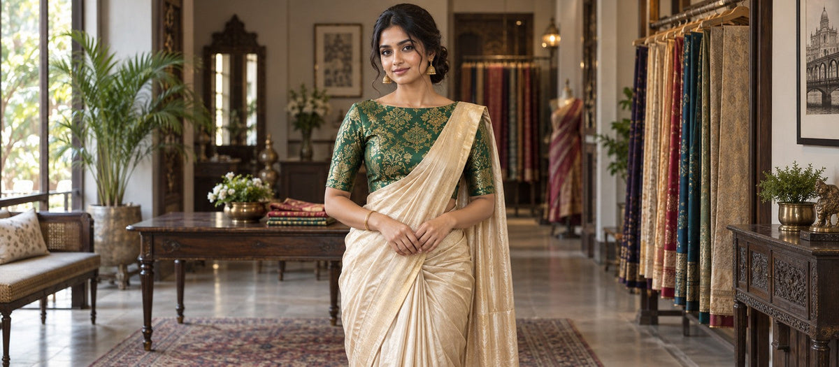 Woman in green brocade blouse and champagne silk saree