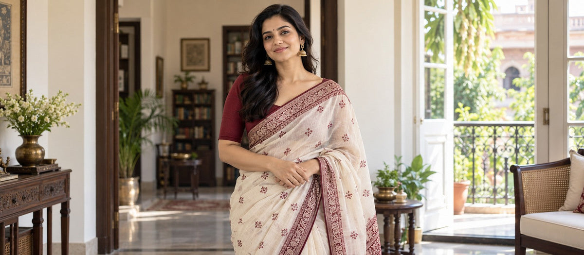 Centered model in off-white maroon-border Chanderi-style saree and maroon blouse