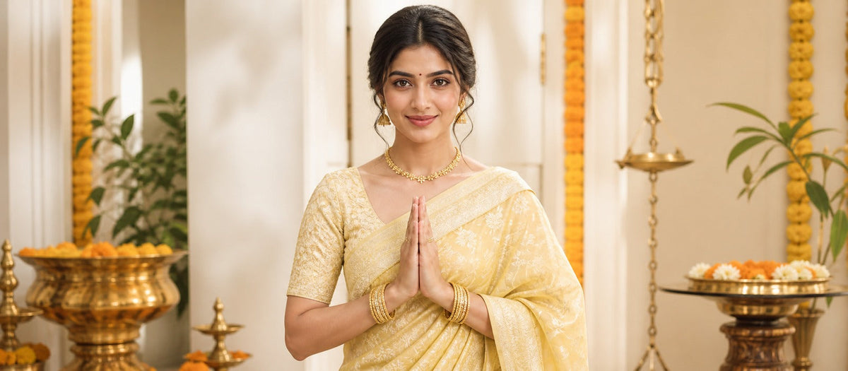 Durga Puja anjali saree look with elegant blouse pairing