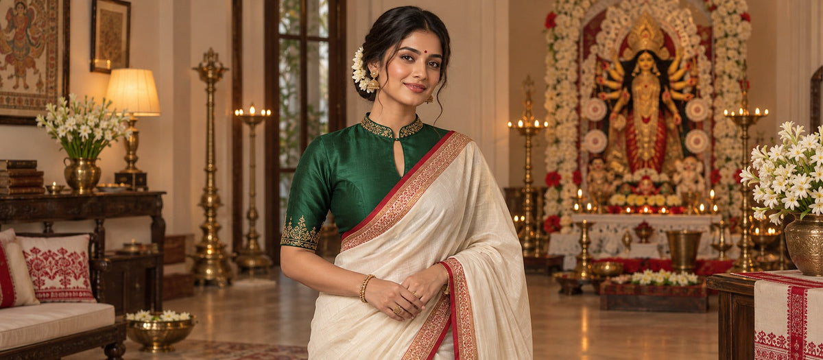 Woman wearing a bottle-green mandarin collar blouse with an ivory-red saree
