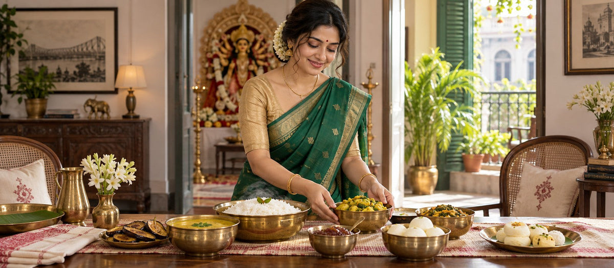 Woman in green saree arranging a Bengali Durga Puja family lunch