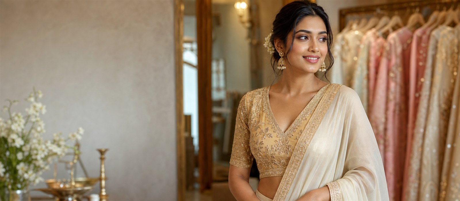 Golden embroidered blouse styled with ivory saree for wedding and festive look