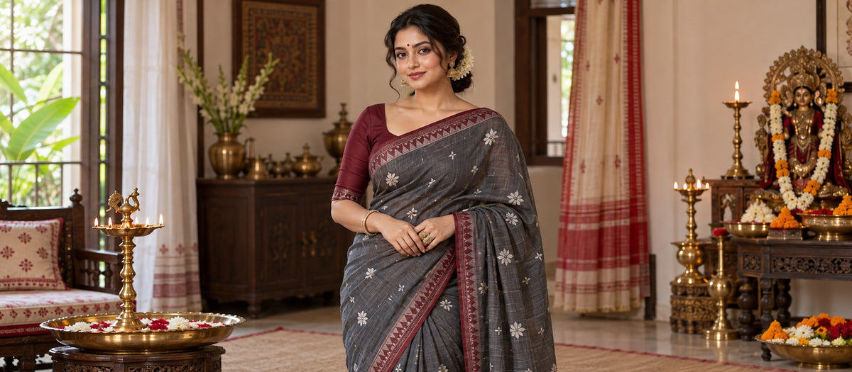 Jamdani saree with maroon blouse, model centered for Pujo styling