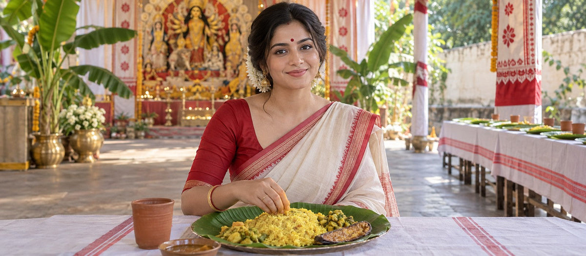 Editorial scene of Ashtami bhog with woman in red and white saree