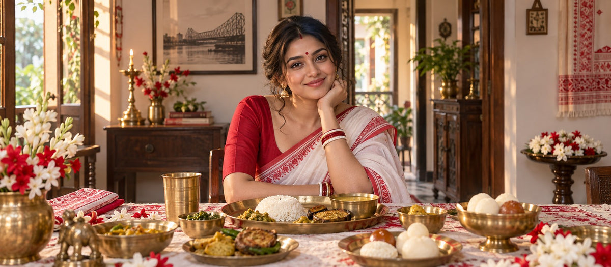 Editorial scene of Bijoya family meal with woman in red and white saree