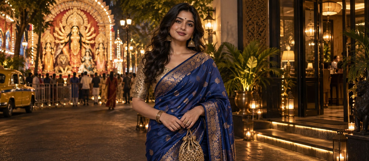 Woman in royal blue silk saree dressed for Navami night in Kolkata