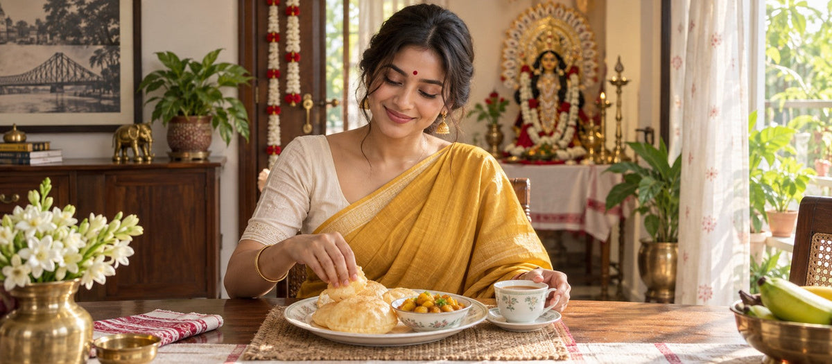 Editorial scene of Puja breakfast with luchi and alur dom