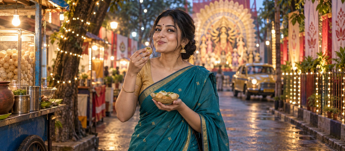 Editorial scene of Kolkata Puja street food with woman in teal saree