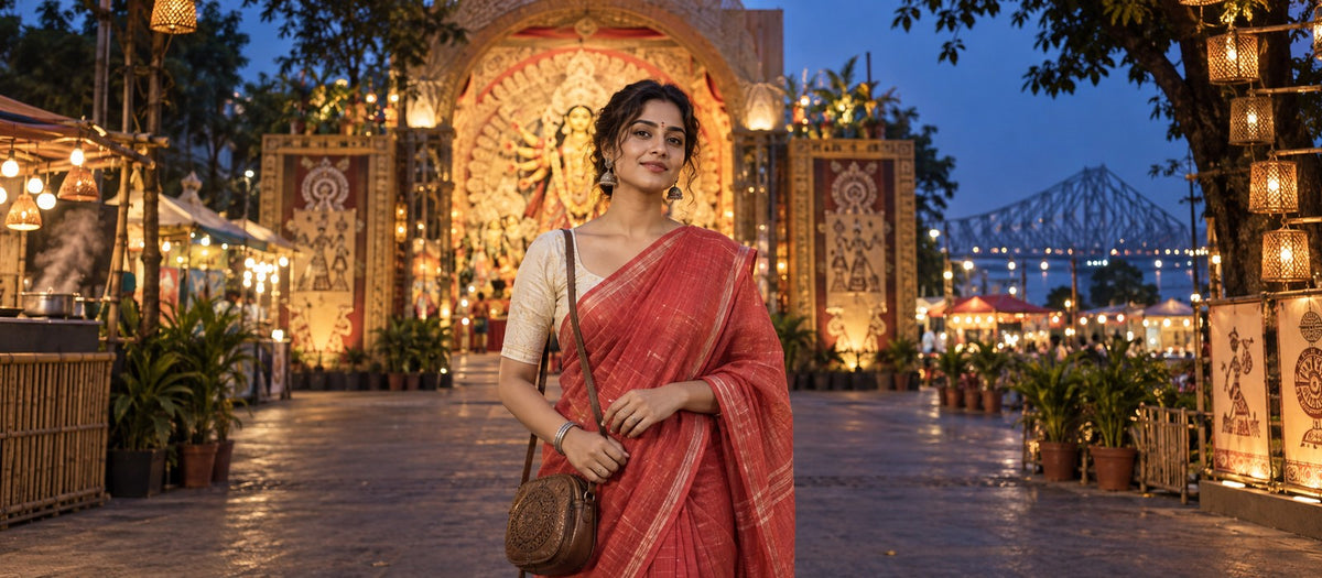 Woman in coral handloom saree ready for Shashti pandal hopping
