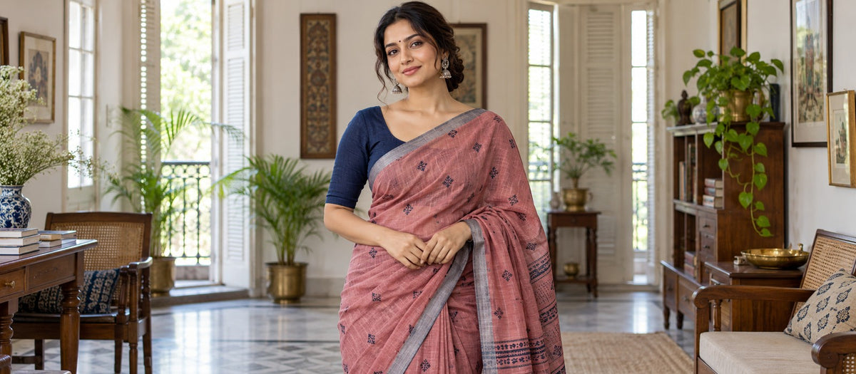 Centered model in dusty-rose linen-style saree and navy blouse