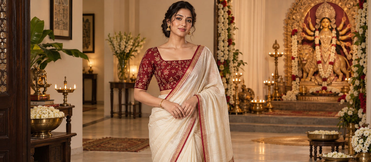 Woman wearing a maroon embroidered blouse with an ivory saree for Durga Puja
