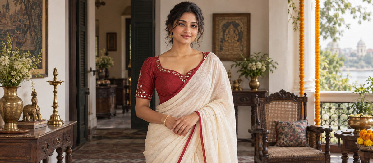 Woman wearing a red mirror work blouse with an ivory saree for Pujo