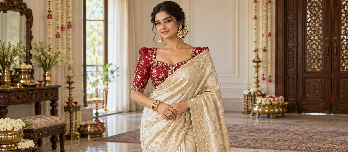 Woman in red shaped blouse and ivory silk saree, centered