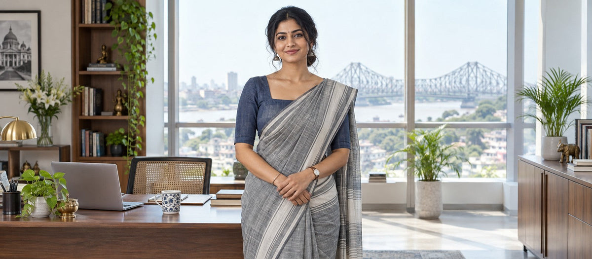 Woman in indigo blouse and grey handloom saree at work, centered