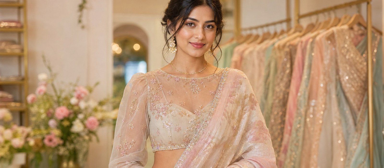 Delicate organza embroidered blouse styled with festive saree