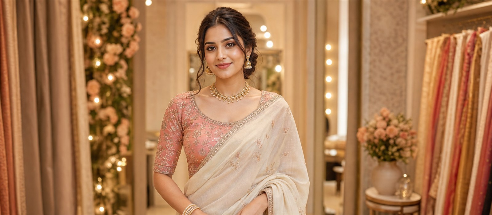 Peach pink embroidered blouse styled with ivory saree for festive look