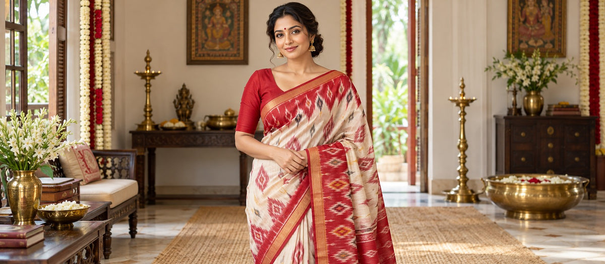 Centered model in red-and-ivory Ikat-style saree with plain red blouse