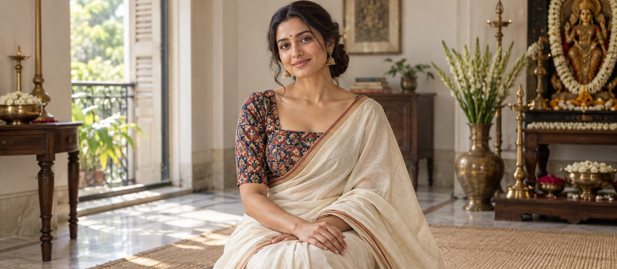 Woman in an indigo printed blouse with a plain ivory saree