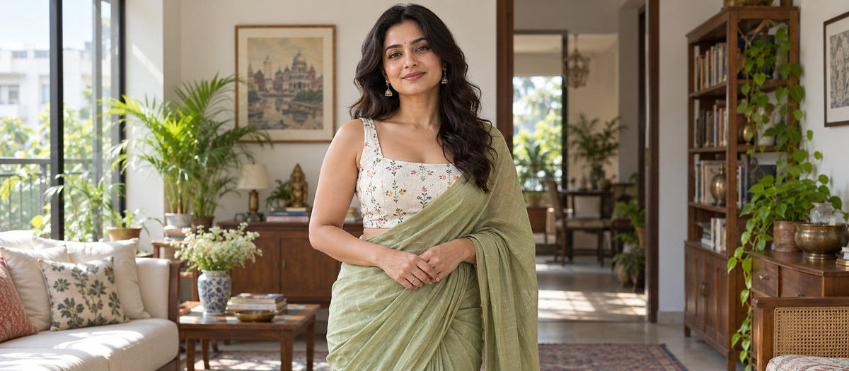 Centered model in a white floral Hakoba-style blouse and sage saree