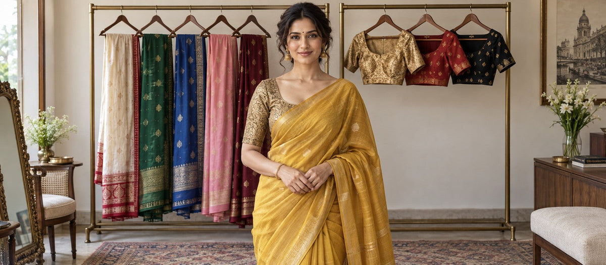 Woman with five sarees and three blouses for a Puja capsule wardrobe