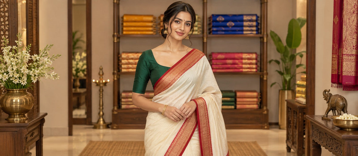 Woman in an ivory and red saree with green blouse for Durga Puja