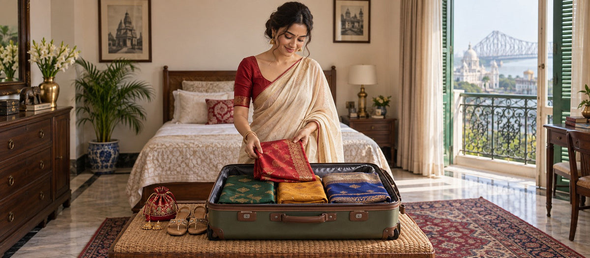 Woman packing colourful sarees for a Durga Puja vacation
