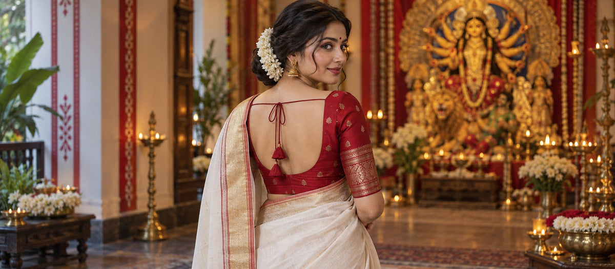 Deep red dori back blouse with an ivory saree for Durga Puja
