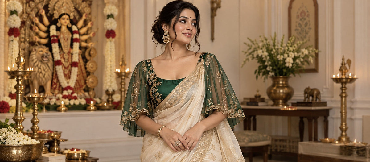 Woman wearing a sheer cape blouse with an ivory gold saree for Pujo