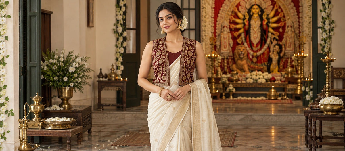 Woman wearing an embroidered maroon koti blouse with an ivory saree for Pujo