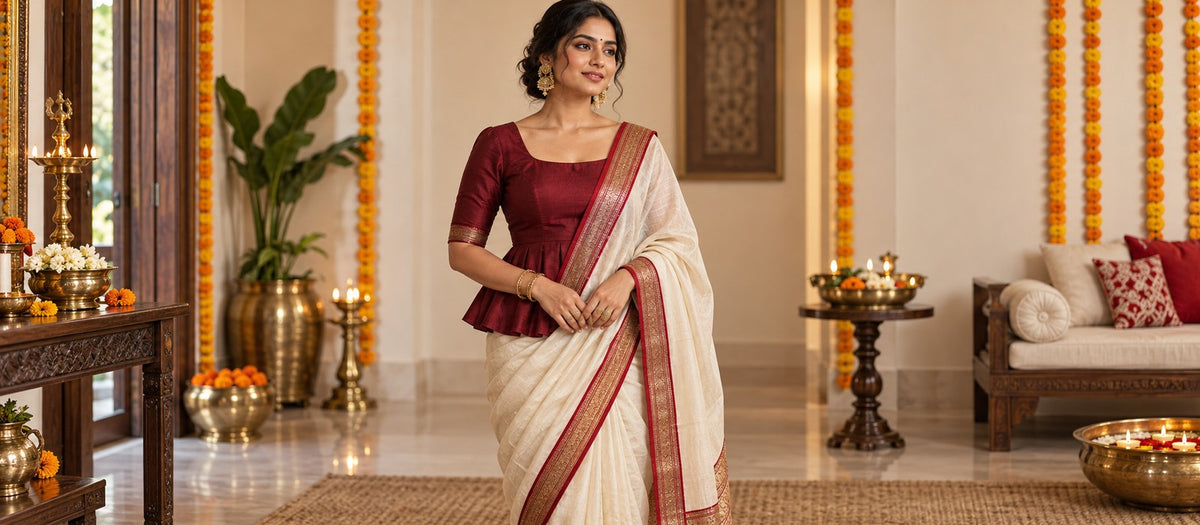 Woman wearing a maroon peplum blouse with an ivory saree for Pujo