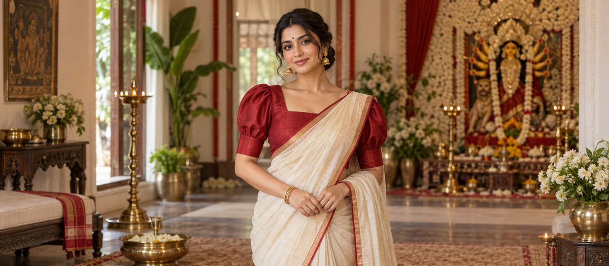 Woman wearing a red puff-sleeve blouse with an ivory saree for Pujo