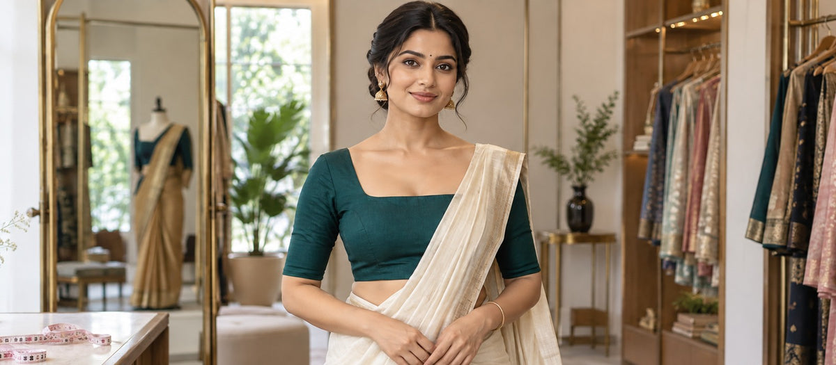 Woman wearing a fitted teal blouse and ivory saree in a boutique