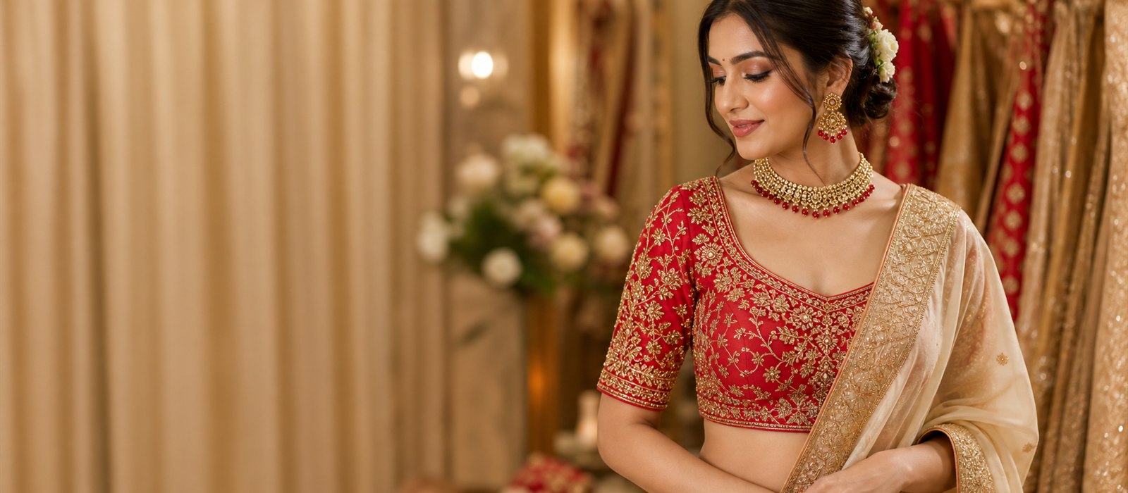 Red bridal blouse with zardozi embroidery styled for wedding saree