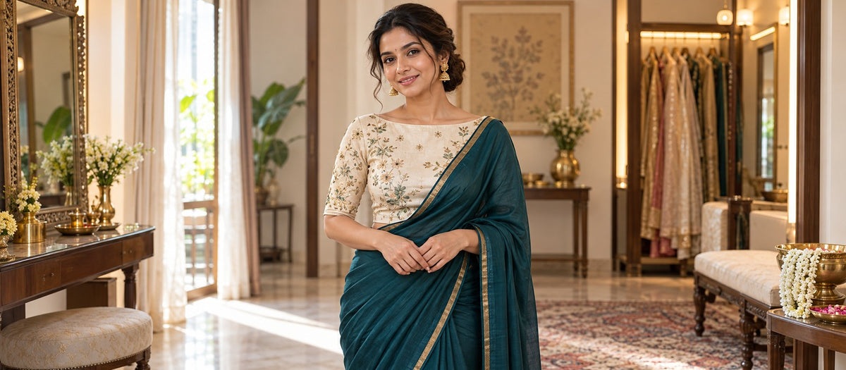 Centered model in off-white embroidered blouse and deep teal saree