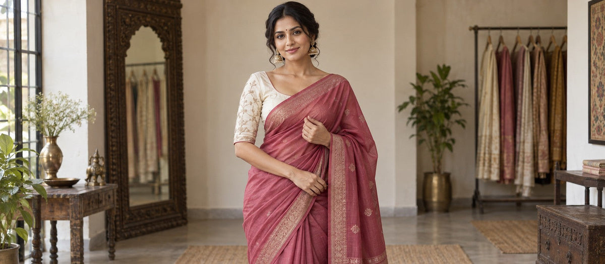 Woman in rose saree and ivory elbow sleeve blouse