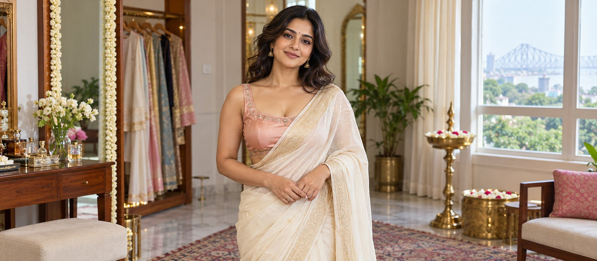 Centered model in peach-pink satin blouse and ivory saree