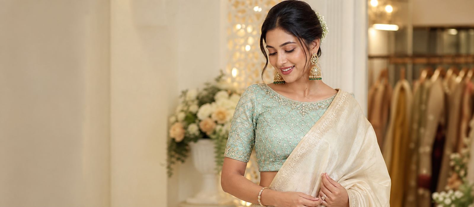 Sea green embroidered blouse with ivory saree for festive styling