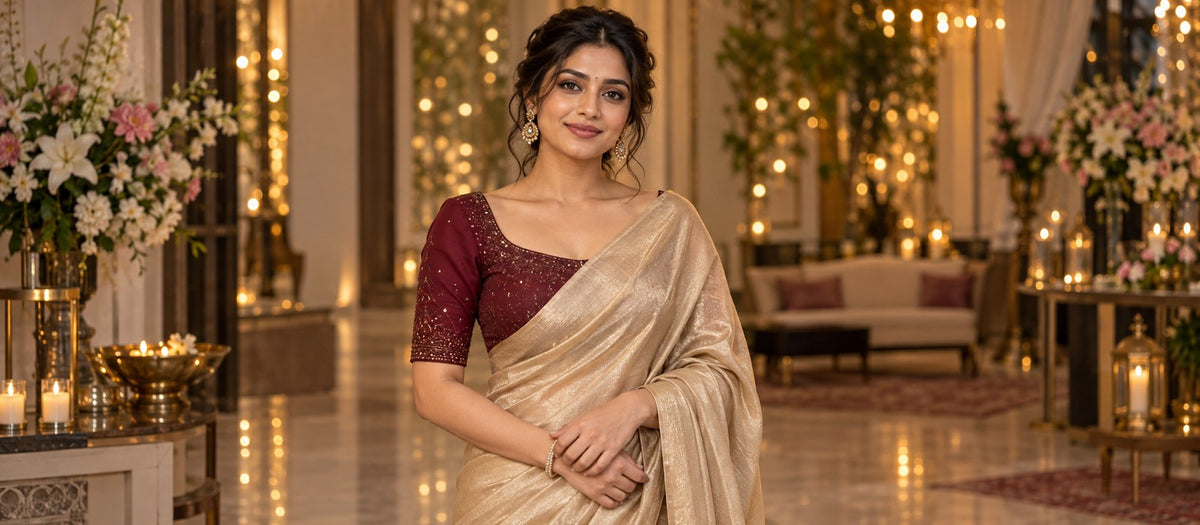 Woman in a wine sequin blouse and champagne saree for an evening event