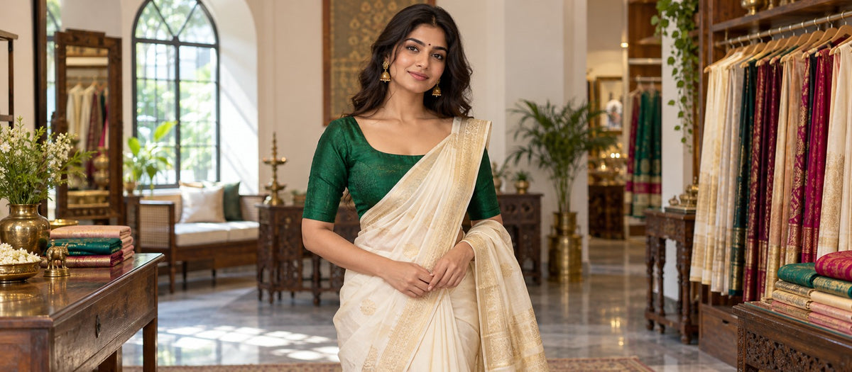 Woman in green blouse and ivory saree, centered