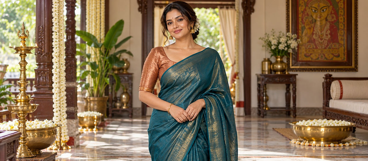 Centered model wearing a copper tissue-style blouse with a teal saree