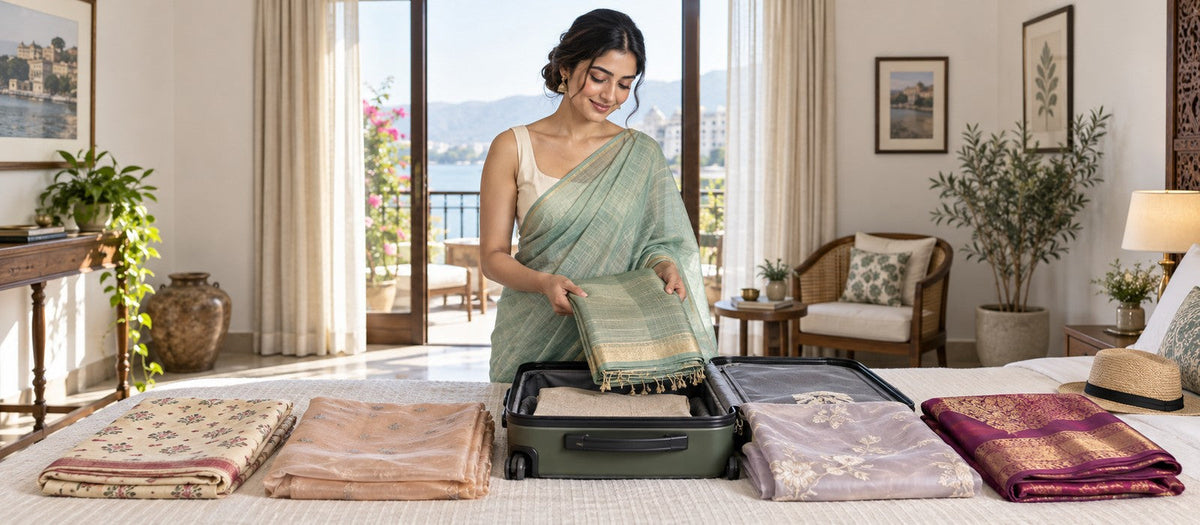 Woman packing a lightweight sea green saree for travel
