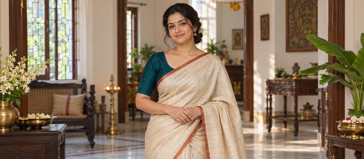 Centered model in a textured ivory saree with a teal blouse