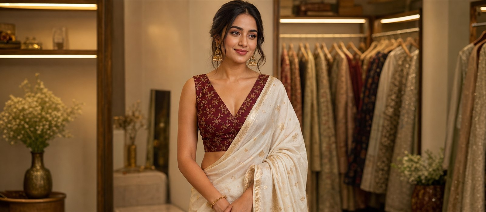 V neck sleeveless blouse styled with ivory saree for festive look