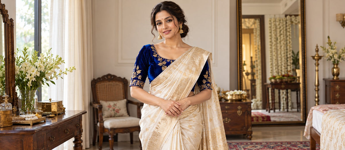 Centered model wearing a royal-blue velvet blouse with an ivory saree