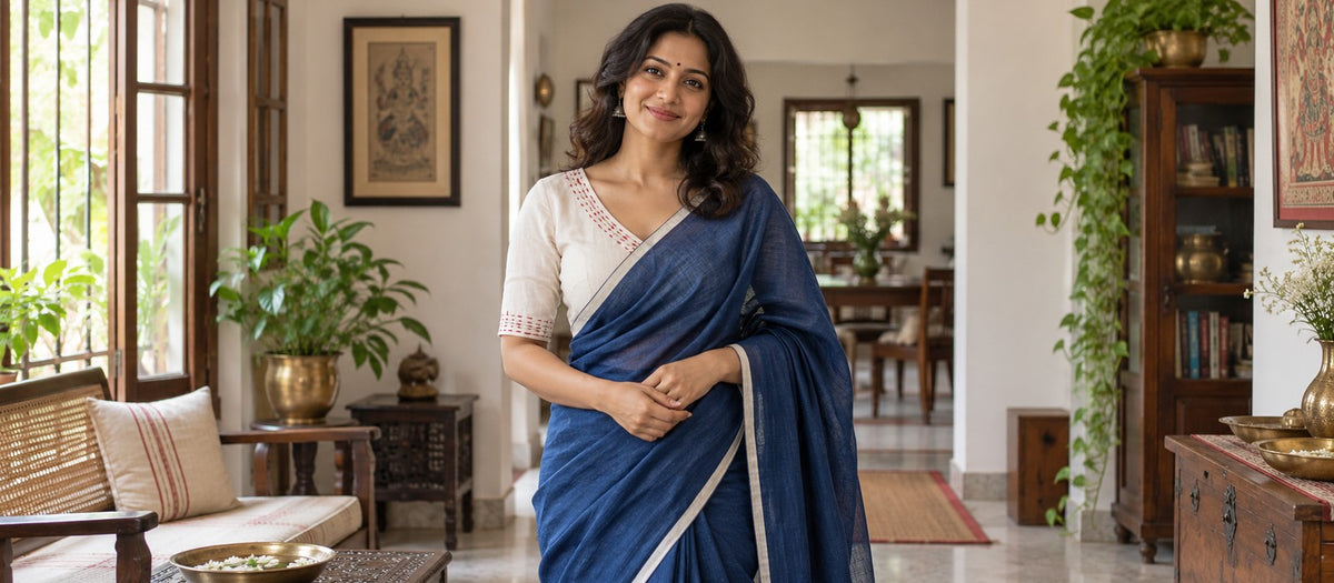Centered model in white blouse with red stitch detail and indigo saree