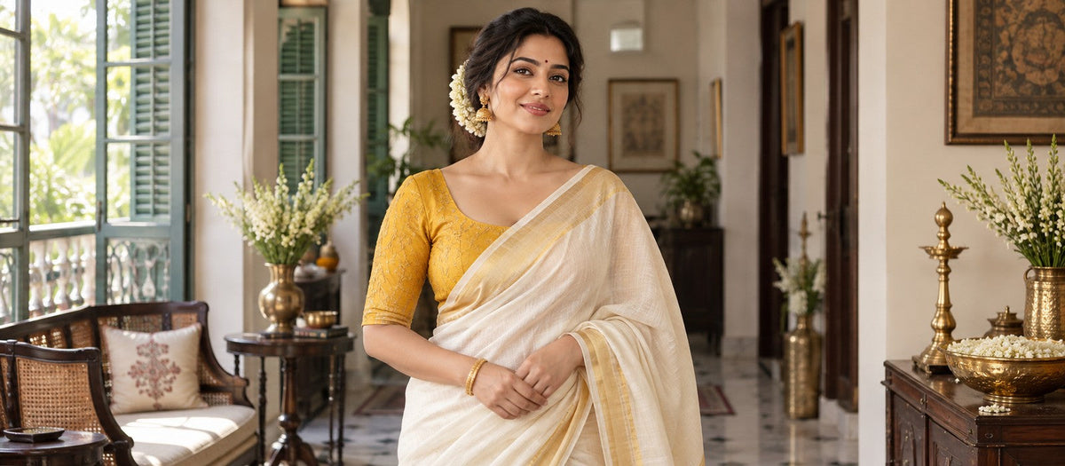Woman wearing a marigold yellow blouse with an ivory saree